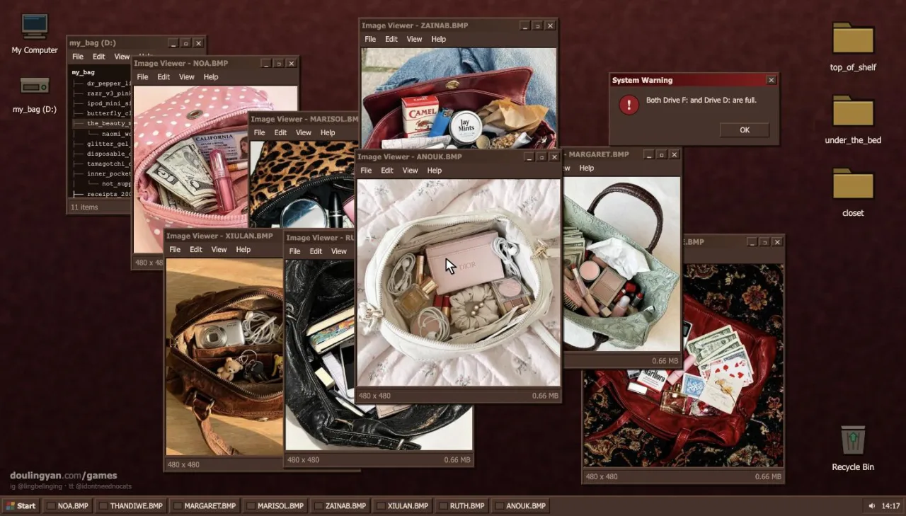 A pretend Windows 98 desktop, teal, with square photographs of a handbag's contents open in windows over it